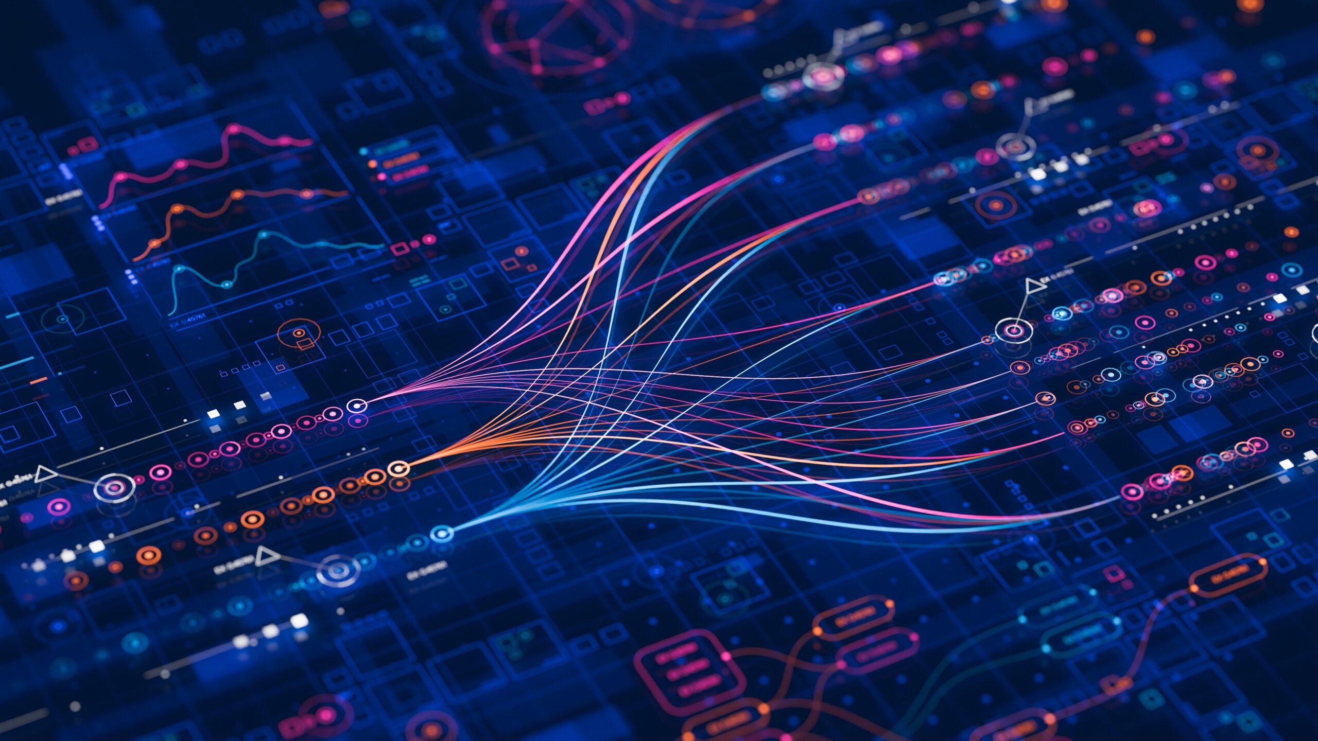 Abstract visualisation of many traced links fanning out from a single point across a dense technical grid of charts and identifiers.